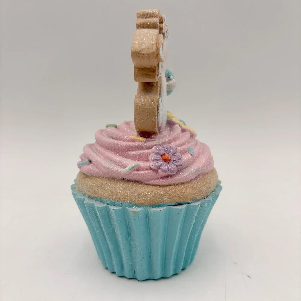 Easter Bunny Rabbit Cupcake Figure Pink Frosting Blue Liner Glitter Spring Decor